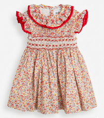 GIRLS  RED FLORAL SMOCKED DRESS