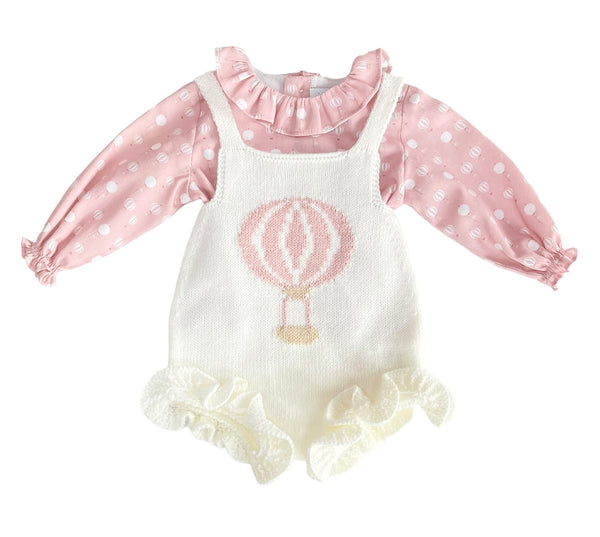 GIRL HOT AIR BALLOON KNIT OVERALLS AND RUFFLE COLLAR SHIRT SET TUL