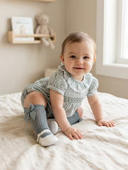 BABY GREEN FLORAL AND RUFFLE COLLAR SMOCKED ROMPER