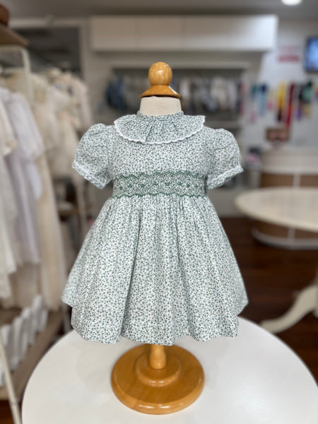 GIRLS GREEN FLORAL AND RUFFLE COLLAR SMOCKED DRESS