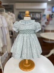 GIRLS GREEN FLORAL AND RUFFLE COLLAR SMOCKED DRESS
