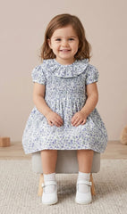 GIRLS SKY BLUE FLORAL SMOCKED DRESS