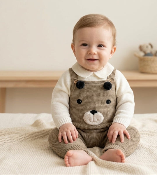BABY EMBROIDERED BEAR FACE OVERALL WITH SWEATER 2P