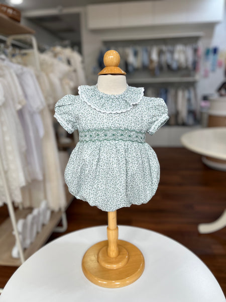 BABY GREEN FLORAL AND RUFFLE COLLAR SMOCKED ROMPER