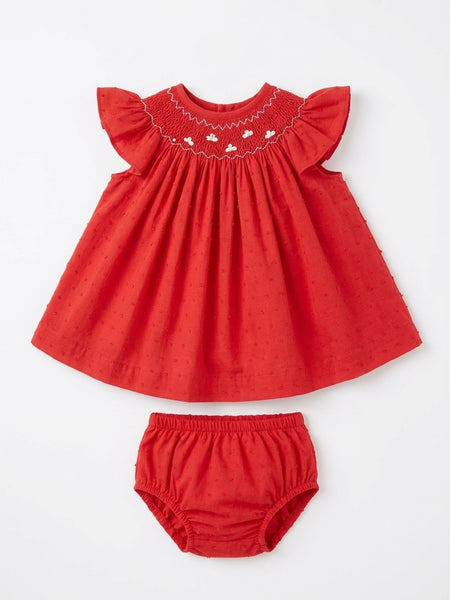 BABY RED PLUMETI SMOCKED SHORT DRESS WITH BLOOMER