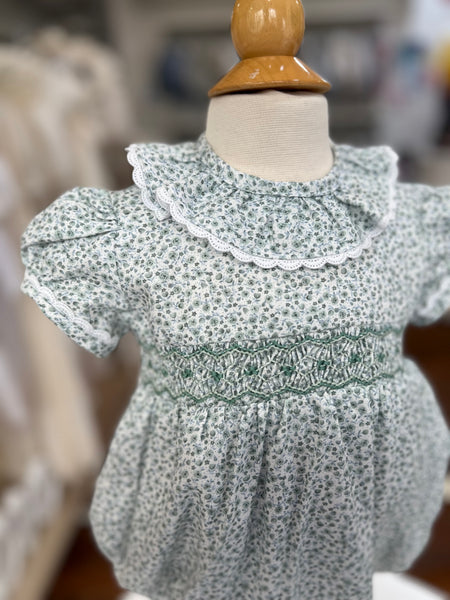BABY GREEN FLORAL AND RUFFLE COLLAR SMOCKED ROMPER