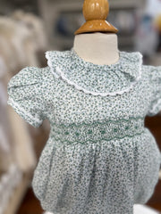 BABY GREEN FLORAL AND RUFFLE COLLAR SMOCKED ROMPER