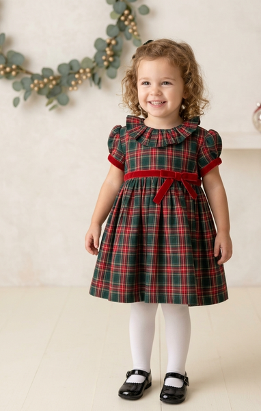 GIRLS CLASSIC TARTAN PUFF SLEEVE DRESS