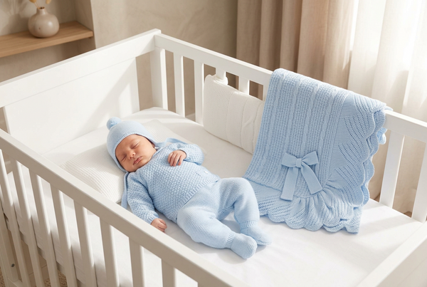 LIGHT BLUE BABY CHECK PATTERN BLANKET AND NEWBORN 4P SET