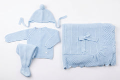 LIGHT BLUE BABY CHECK PATTERN BLANKET AND NEWBORN 4P SET