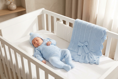 LIGHT BLUE BABY CHECK PATTERN BLANKET AND NEWBORN 4P SET