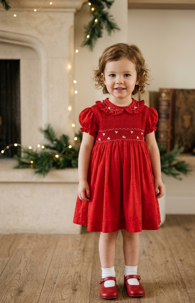 GIRLS RED PLUMETI SMOCKED DRESS