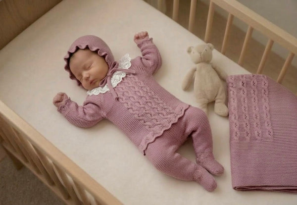 OLD PINK BABY CABLE KNIT BLANKET AND LACE COLLAR NEWBORN 4P SET
