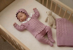 OLD PINK BABY CABLE KNIT BLANKET AND LACE COLLAR NEWBORN 4P SET