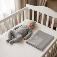 GRAY BABY DIAMOND DESIGN BLANKET AND NEWBORN 4P SET
