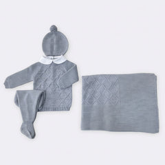 GRAY BABY DIAMOND DESIGN BLANKET AND NEWBORN 4P SET