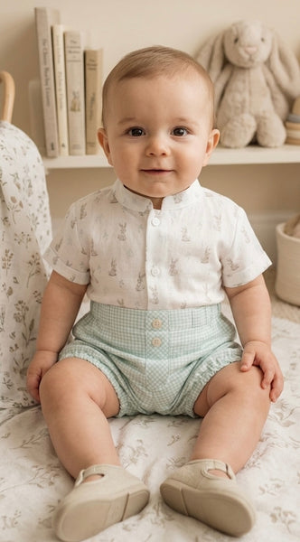 BOYS BUNNIES MAO COLLAR SHIRT AND PLAID SHORT 2P SET