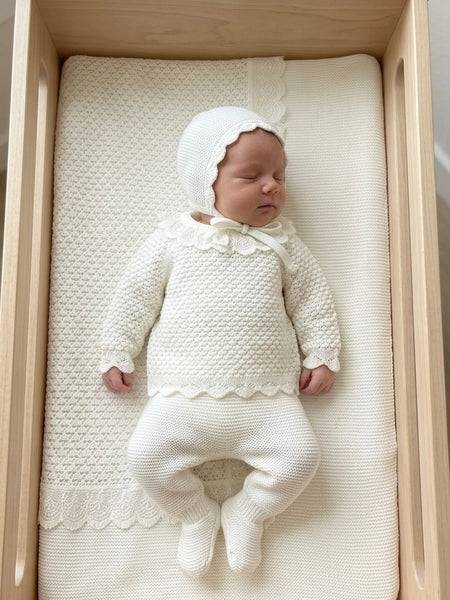 BABY LACE DETAILS OPENWORK BLANKET AND NEWBORN 4P SET