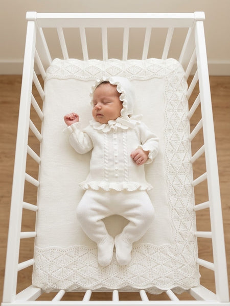 BABY KNIT DOTS WITH BRAIDS BLANKET AND NEWBORN 4P SET