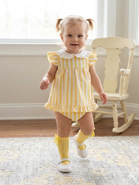BABY GIRLS YELLOW SHORT STRIPED DRESS WITH BLOOMER 2P SET
