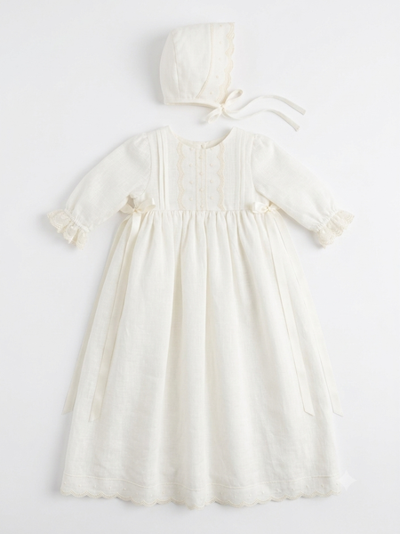 CHRISTENING IVORY LINEN GOWN WITH BONNET