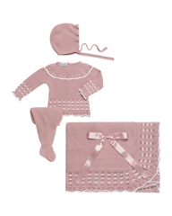 BABY OPENWORK FLOWERS BLANKET AND NEWBORN 4P SET