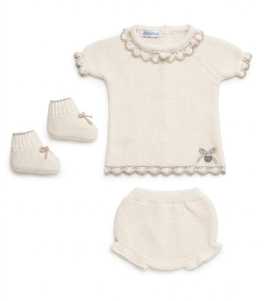 GIRLS KNITTED BLOUSE AND BLOOMER COMBINED WITH BEIGE WAVES  3P SET