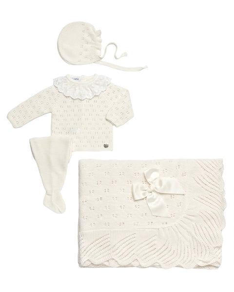 BABY OPENWORK BLANKET AND LACE COLLAR NEWBORN 4P SET