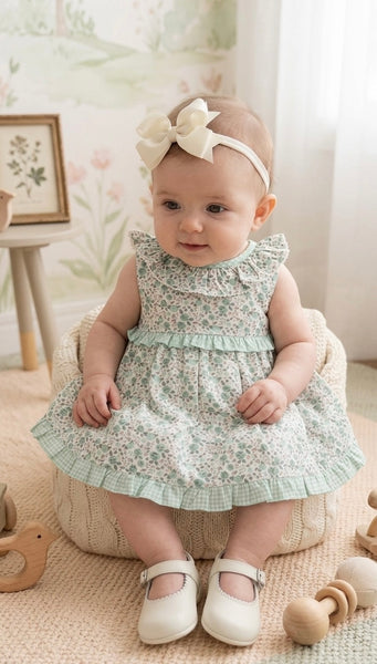 GIRLS GREEN FLOWER SHORT DRESS WITH BLOOMER 2P SET
