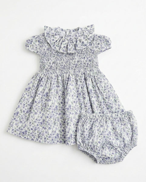 GIRLS SKY BLUE FLORAL SMOCKED DRESS