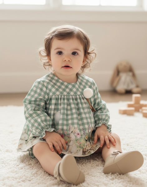 BABY GIRL BUNNIES PLAID SHORT DRESS WITH BLOOMER 2P SET BOTONES