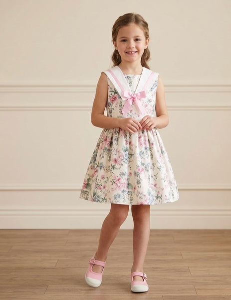 GIRLS PINK FLOWERS AND BOW DRESS