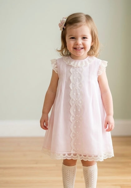 GIRLS LACE DOTS DETAILS CEREMONY PINK DRESS