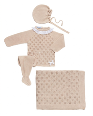 BABY OPENWORK BLANKET AND WHITE COLLAR NEWBORN 4P SET