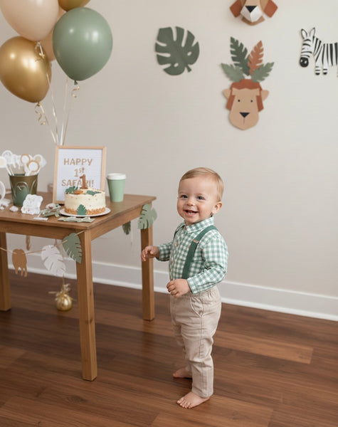 BOYS PLAID SHIRT WITH SUSPENDER AND PANTS SET BOTONES