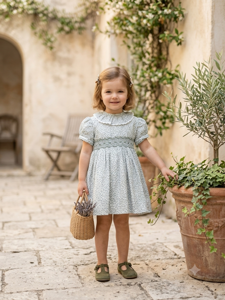 GIRLS GREEN FLORAL AND RUFFLE COLLAR SMOCKED DRESS