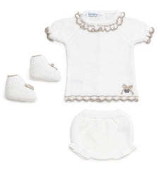 GIRLS KNITTED BLOUSE AND BLOOMER COMBINED WITH BEIGE WAVES  3P SET