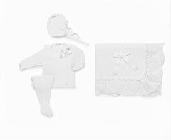 WHITE BABY CHECK PATTERN BLANKET AND LACE BOW COLLAR NEWBORN 4P SET