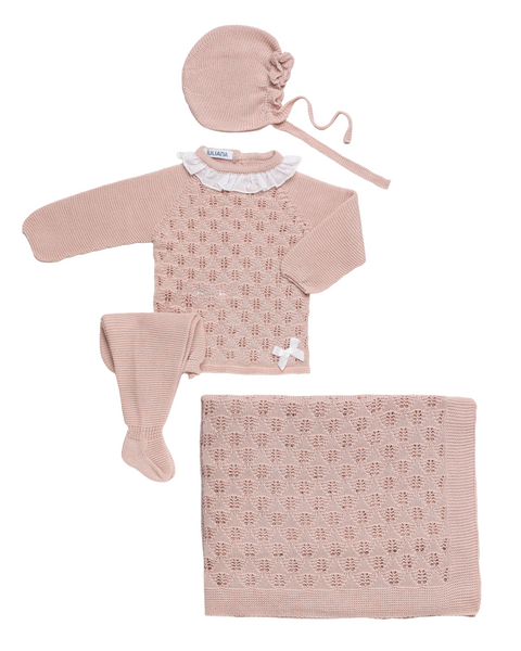 BABY OPENWORK BLANKET AND WHITE COLLAR NEWBORN 4P SET