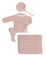 BABY OPENWORK BLANKET AND WHITE COLLAR NEWBORN 4P SET