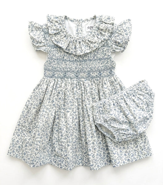 GIRLS RUFFLE COLLAR AND SLEEVE BLUE FLORAL SMOCKED DRESS