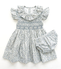 GIRLS RUFFLE COLLAR AND SLEEVE BLUE FLORAL SMOCKED DRESS