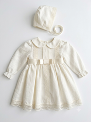 CEREMONY BOW AND LINEN DRESS WITH BONNET  2P SET