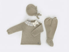 BEIGE NEWBORN GATHERED AND LACE TRIMMED 3P SET