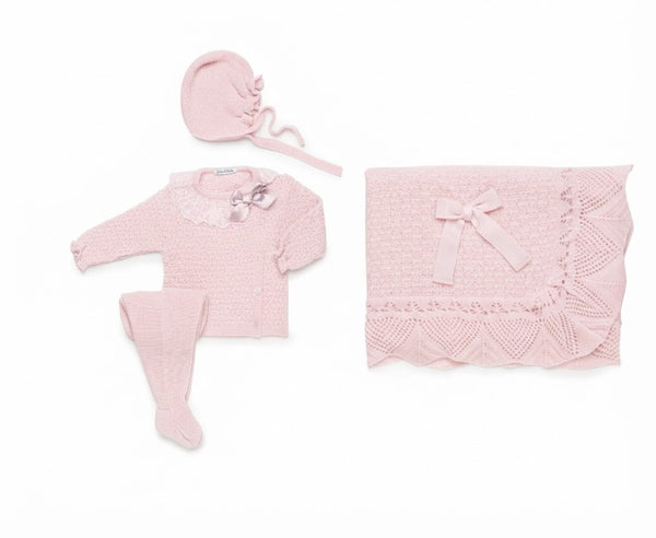 LIGHT PINK BABY CHECK PATTERN BLANKET AND LACE BOW COLLAR NEWBORN 4P SET