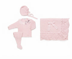 LIGHT PINK BABY CHECK PATTERN BLANKET AND LACE BOW COLLAR NEWBORN 4P SET
