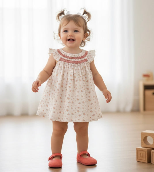 GIRL PEACH FLORAL SMOCKED COLLAR DRESS