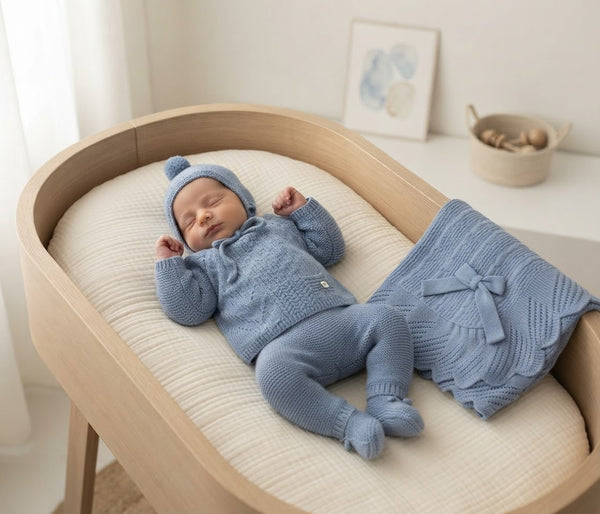 SKY BLUE BABY CHECK PATTERN BLANKET AND NEWBORN 4P SET