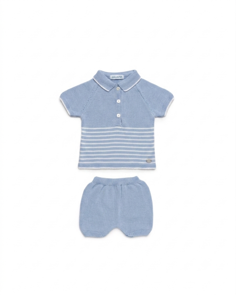 BOYS STRIPED WITH COLLAR KNITTED SHIRT AND SHORT 2P SET
