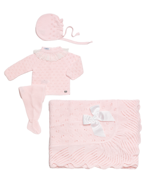 BABY OPENWORK BLANKET AND LACE COLLAR NEWBORN 4P SET